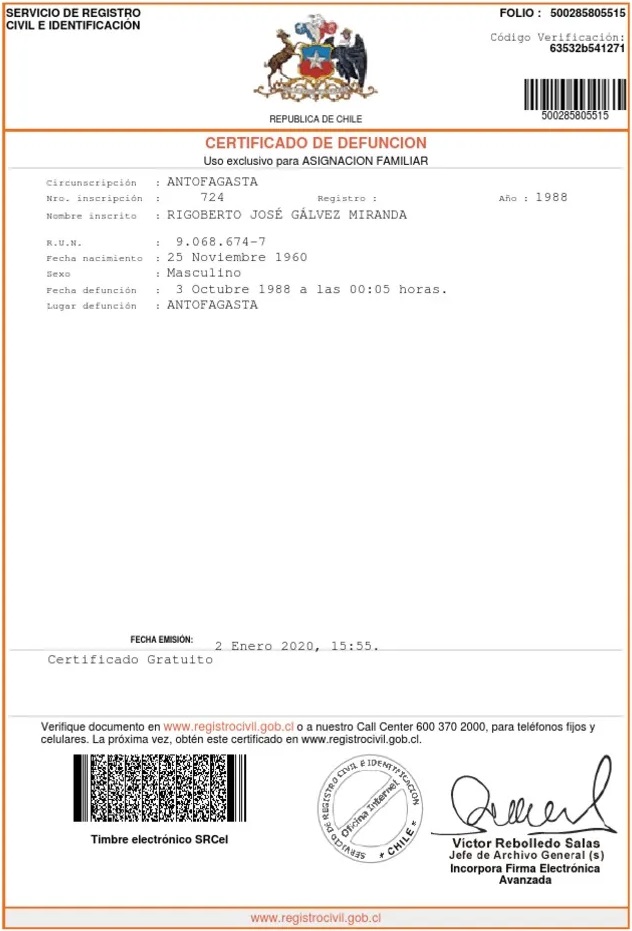 ejemplo de certificado de defunción del Registro Civil en línea